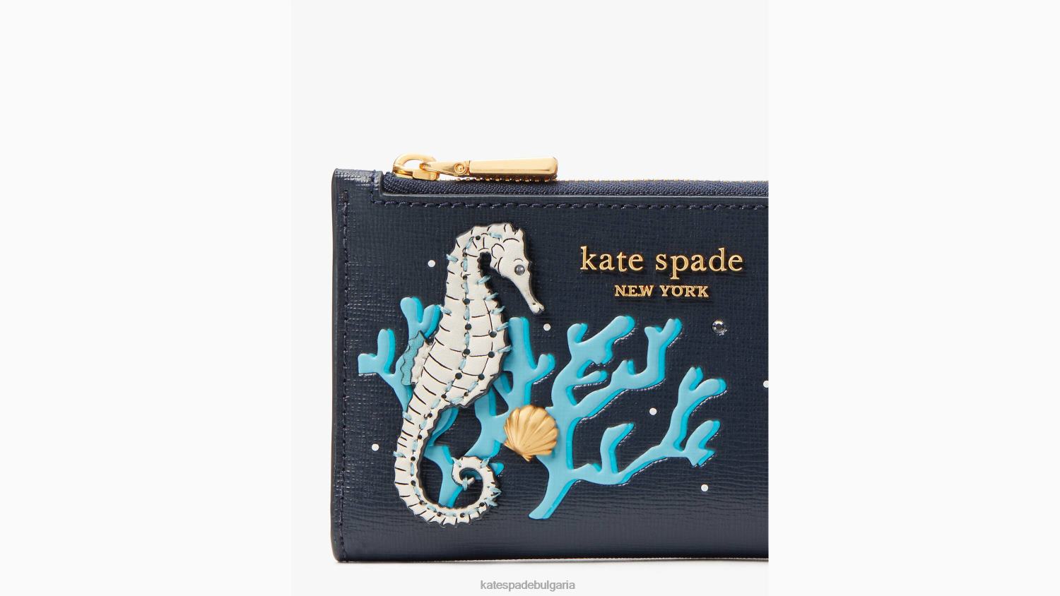 аксесоари Kate Spade Малък тънък портфейл с двойно сгъване, украсен с черупката сако син мулти Жени 2N00B343