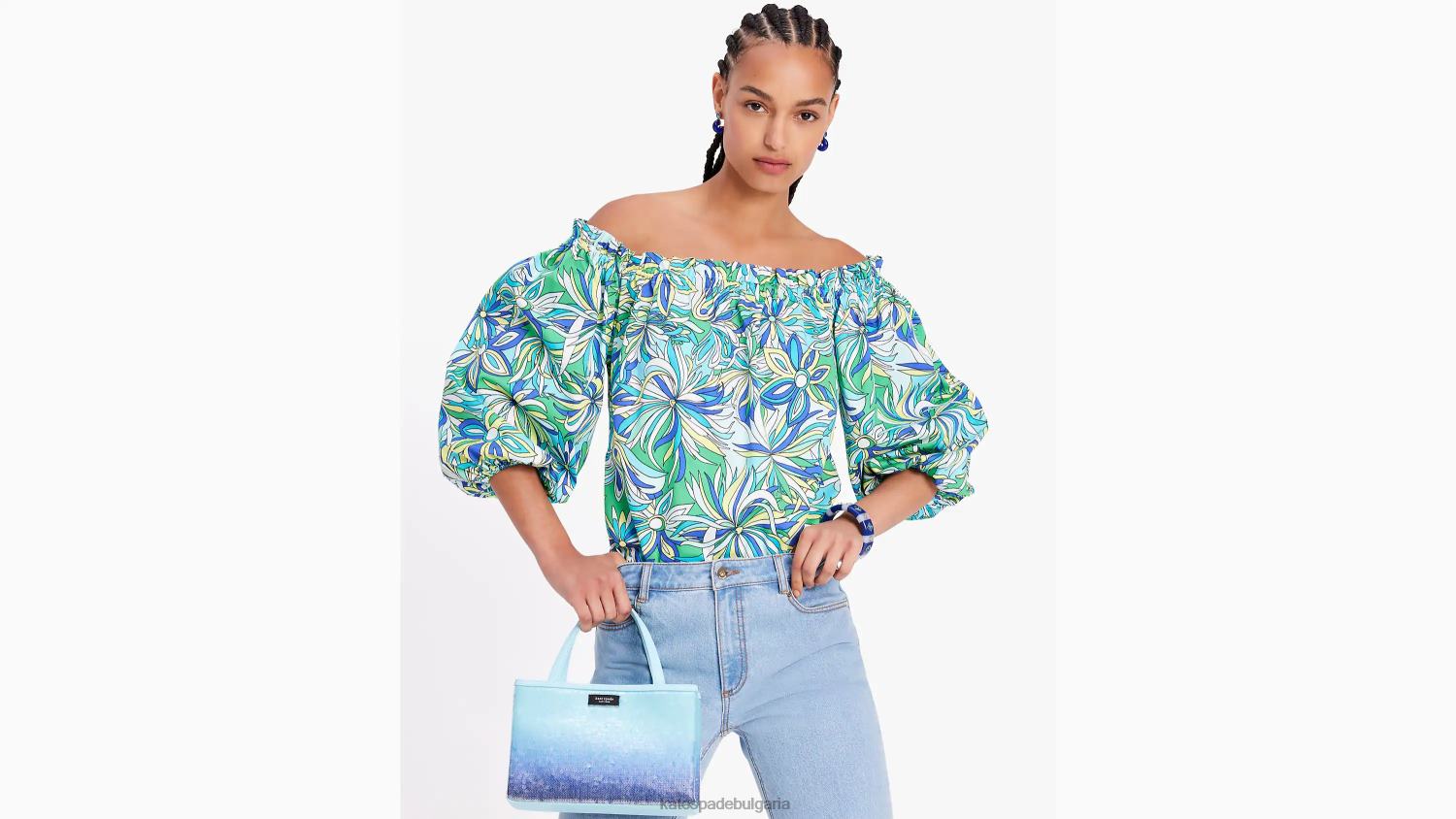 облекло Kate Spade горнище с отворени рамене с флорални анемони ледниково синьо мулти Жени 2N00B692