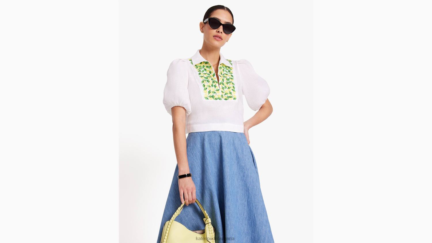 облекло Kate Spade бродирана горна част с буф ръкави с лимони прясно бяло Жени 2N00B716